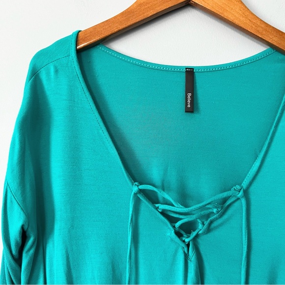 Teal Lace-Up Front Long Sleeve Top Size Small - Picture 4 of 9